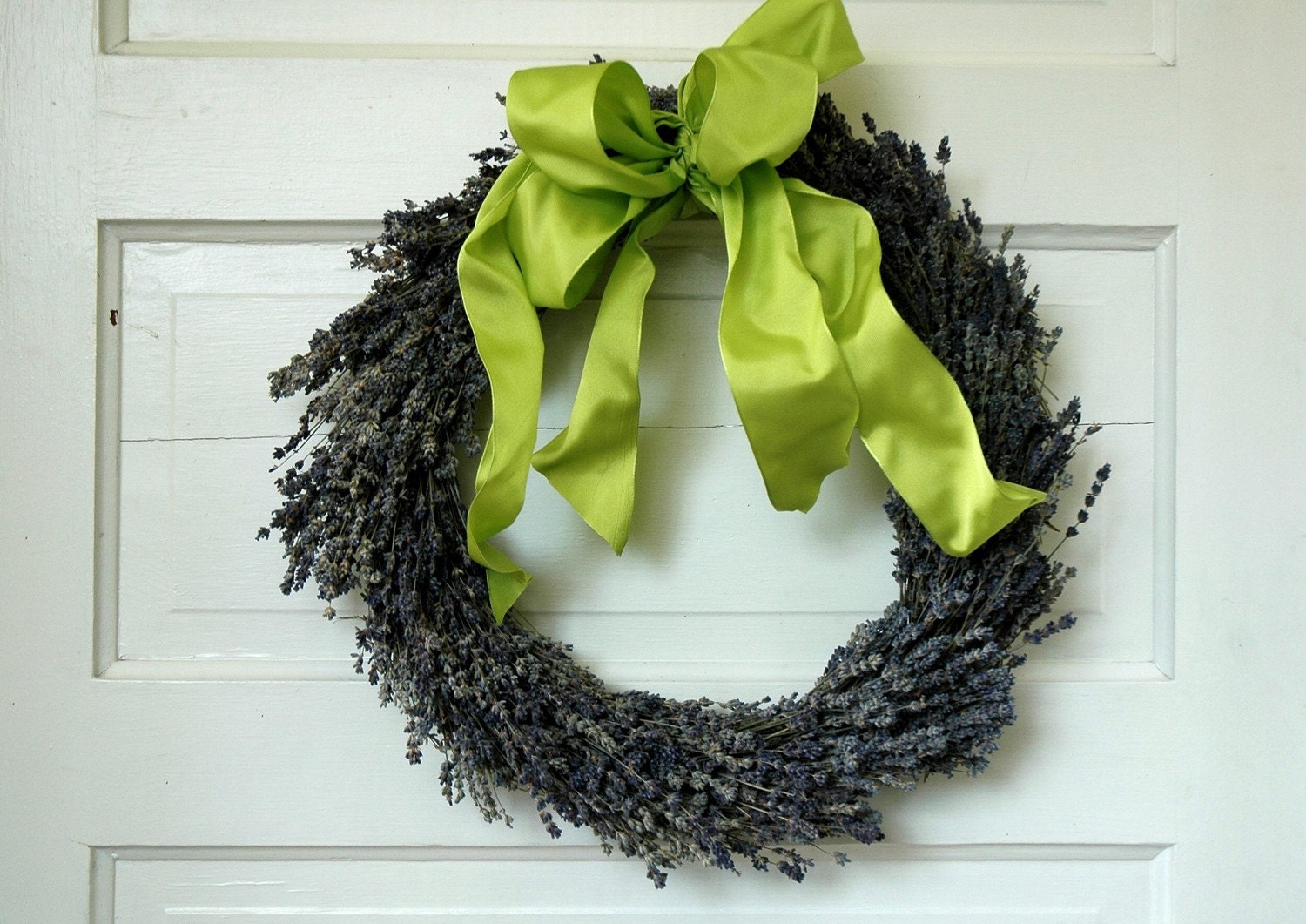 Dried English Lavender Wreath  with Lime Green Bow 14 inch diameter - paulajeansgarden