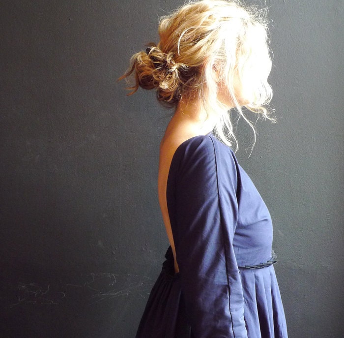 Navy Blue Cotton Poplin Backless Dress