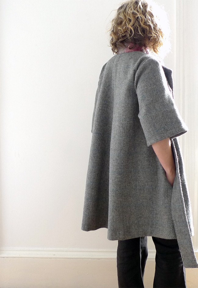 grey/blue check wool wrap coat