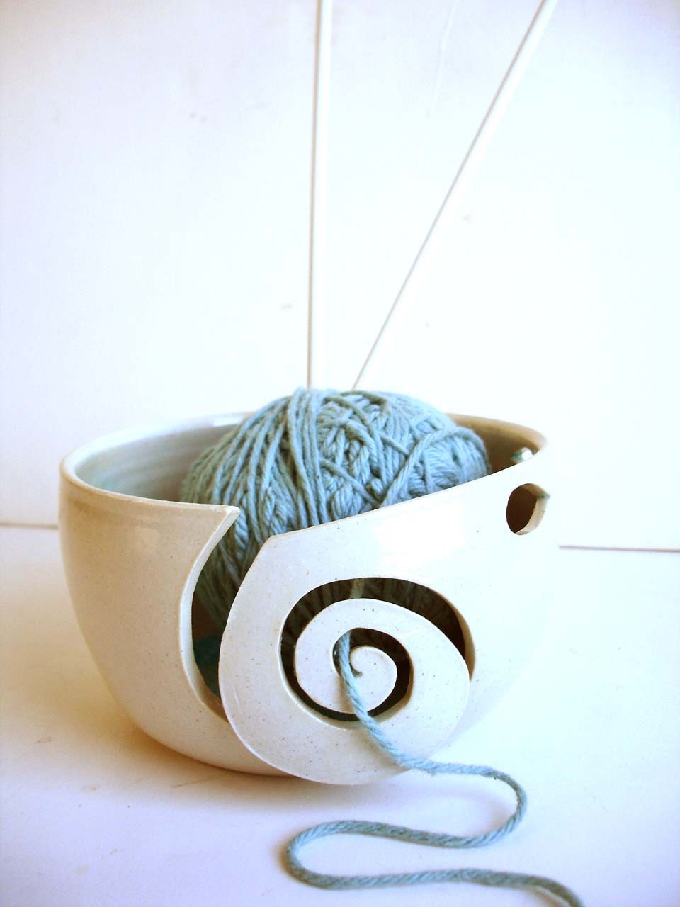 Aqua In White Wheel Thrown Yarn Bowl - MADE TO ORDER