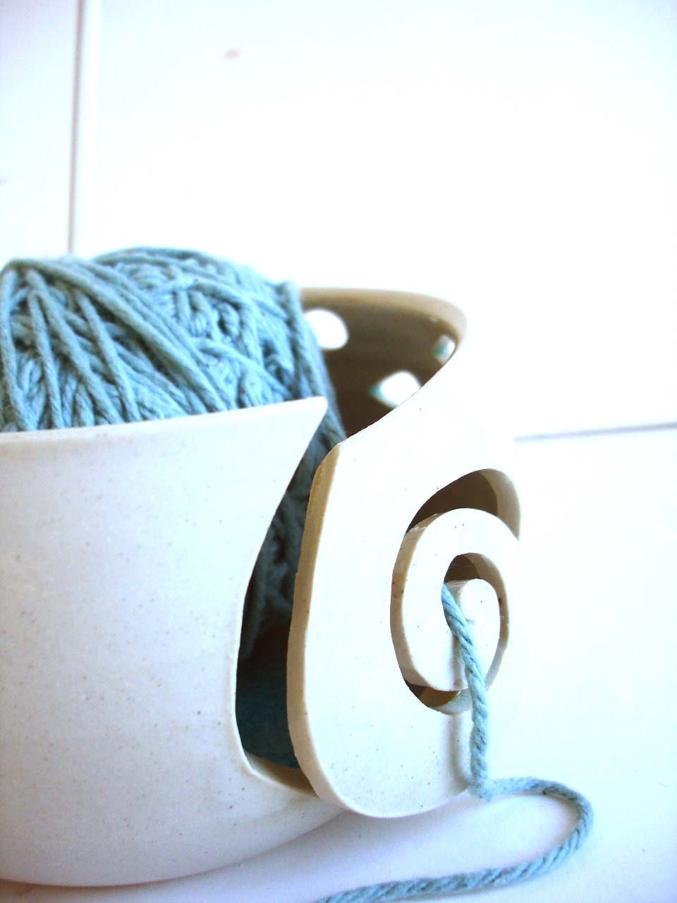 Aqua In White Wheel Thrown Yarn Bowl - MADE TO ORDER