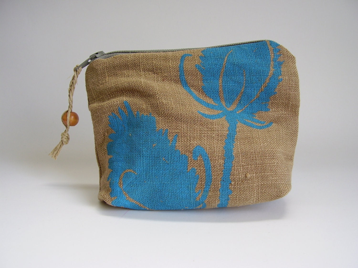 Natural Linen Coin Purse, Screenprinted Field Sketch, Thistles, Aqua blue, Aquamarine