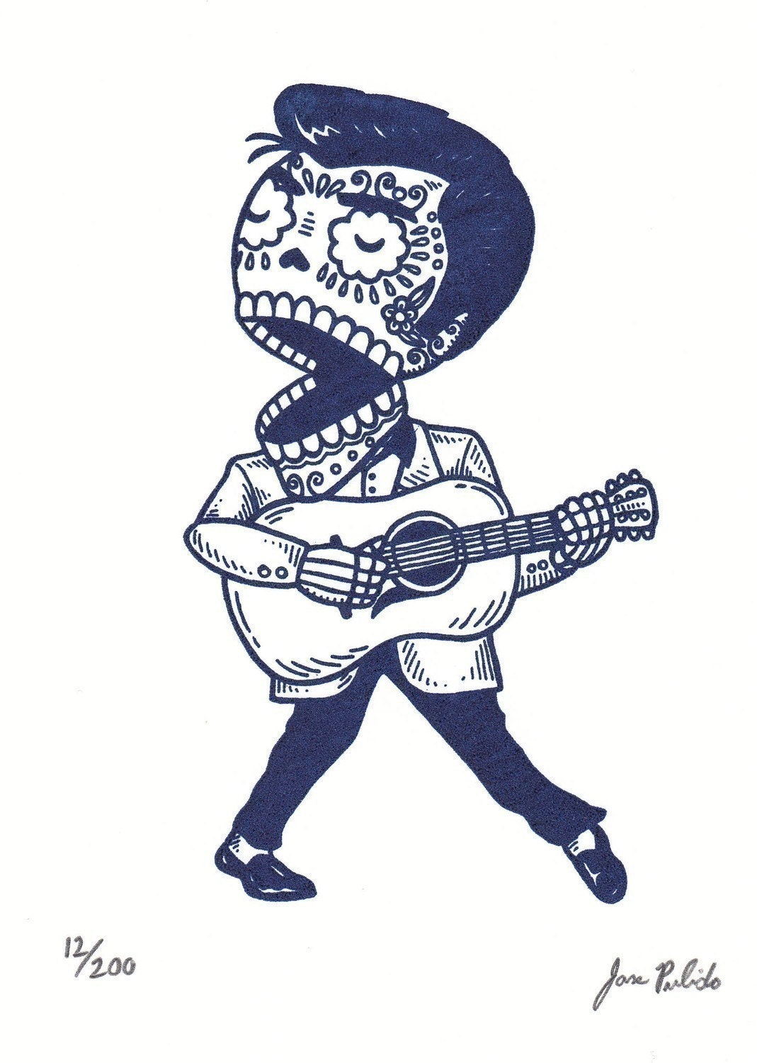 Young Elvis Calavera Limited Edition Gocco Serigraph
