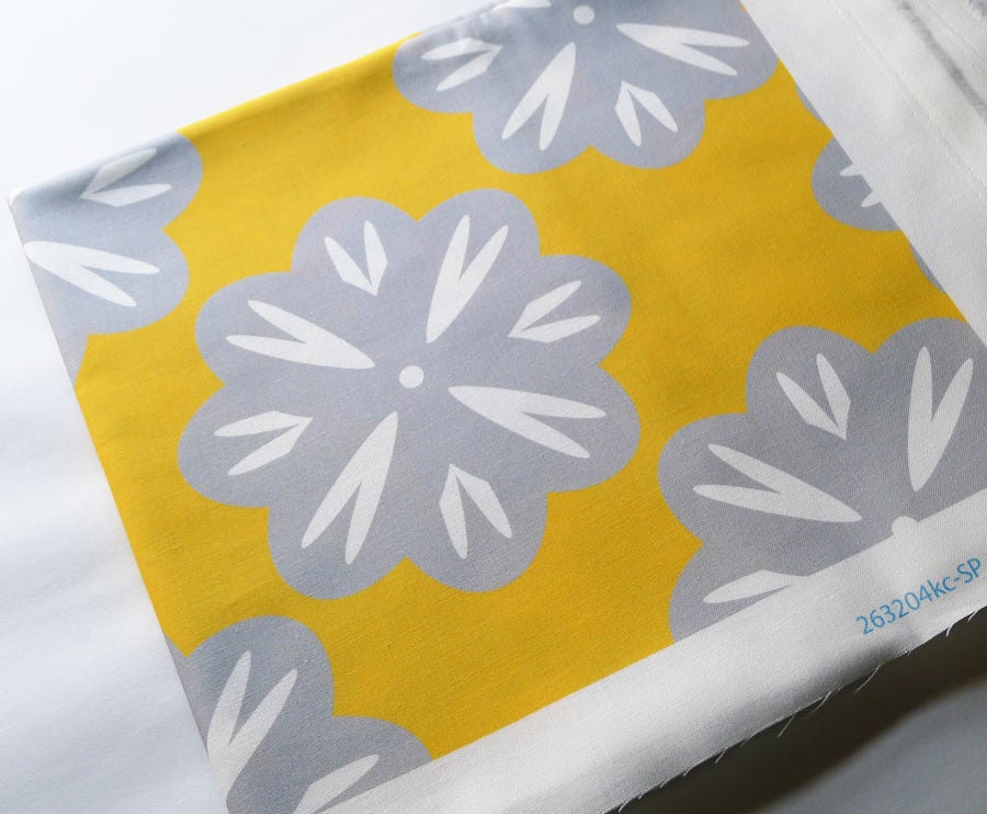Gray and White Flowers on Mustard yellow background half yard