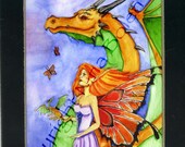 Fantasy Art Print Dragon and Fairy 4 X 6 Dragon Fairy Godmother Original Fantasy Watercolor Painting by Nina Bolen