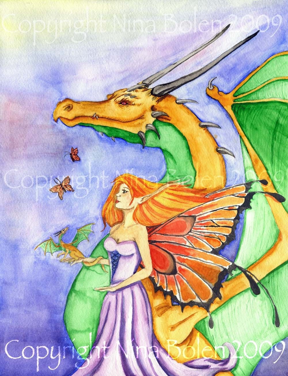 Fantasy Art Print Large Print Dragon and Fairy The Dragon Fairy Godmother Original Fantasy Watercolor Painting by Nina Bolen 8X10