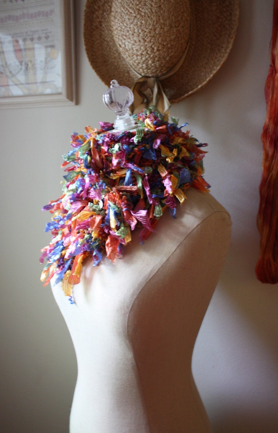 Hand Knit Scarf / Multicolor Bright Rainbow Circus Colors / Silky Ribbons