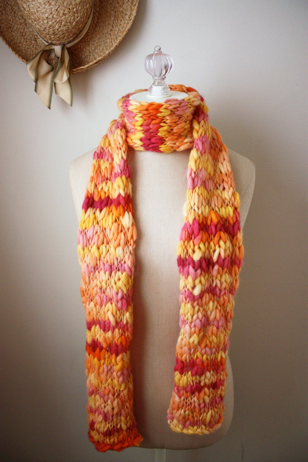 Hand Knit Scarf / Orange Cherry Pink Yellow / Rustic Handspun Wool