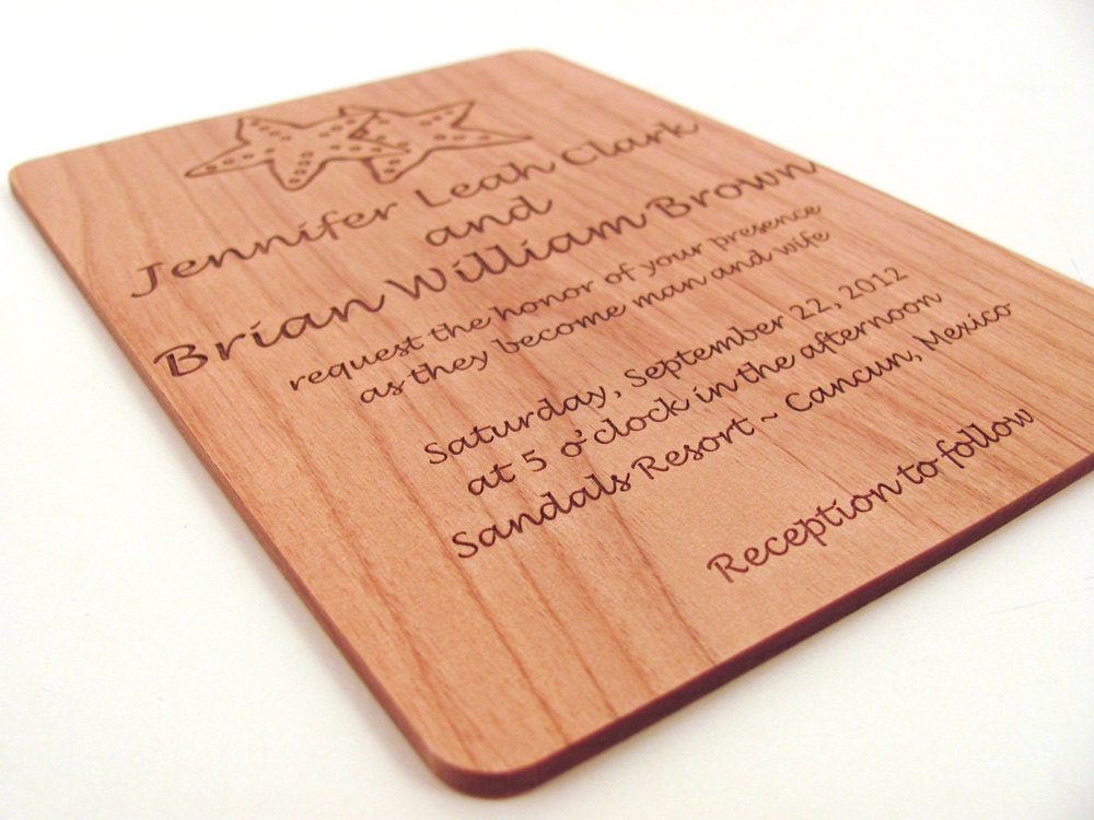 Destination Wedding Invitation - Engraved Real Wood Invitation - Starfish Design