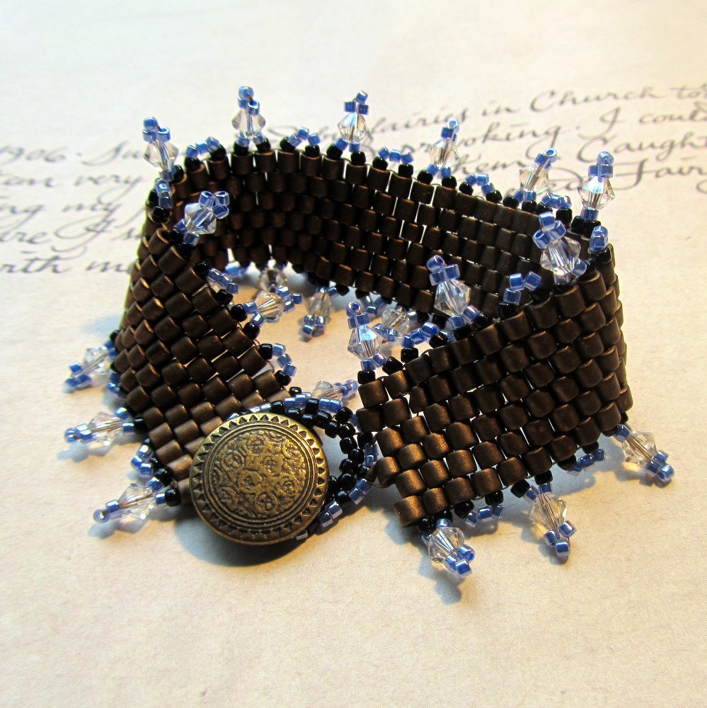 Seed Bead Bracelet, Bronze Cuff, Crystal & Blue Accents, Unique Jewelry