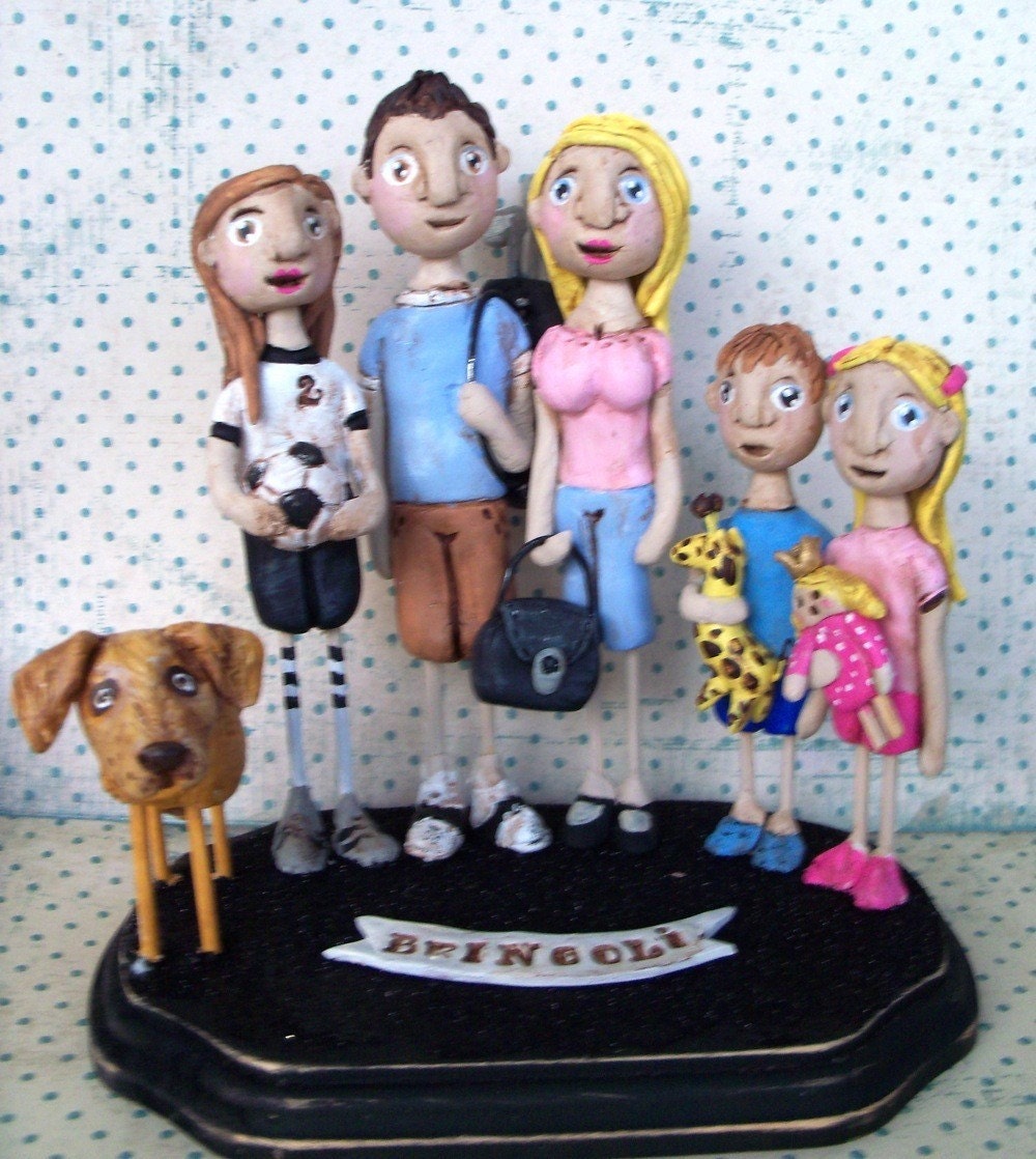Family Portrait Customize your Family of FIVE on Base - folk art sculpture