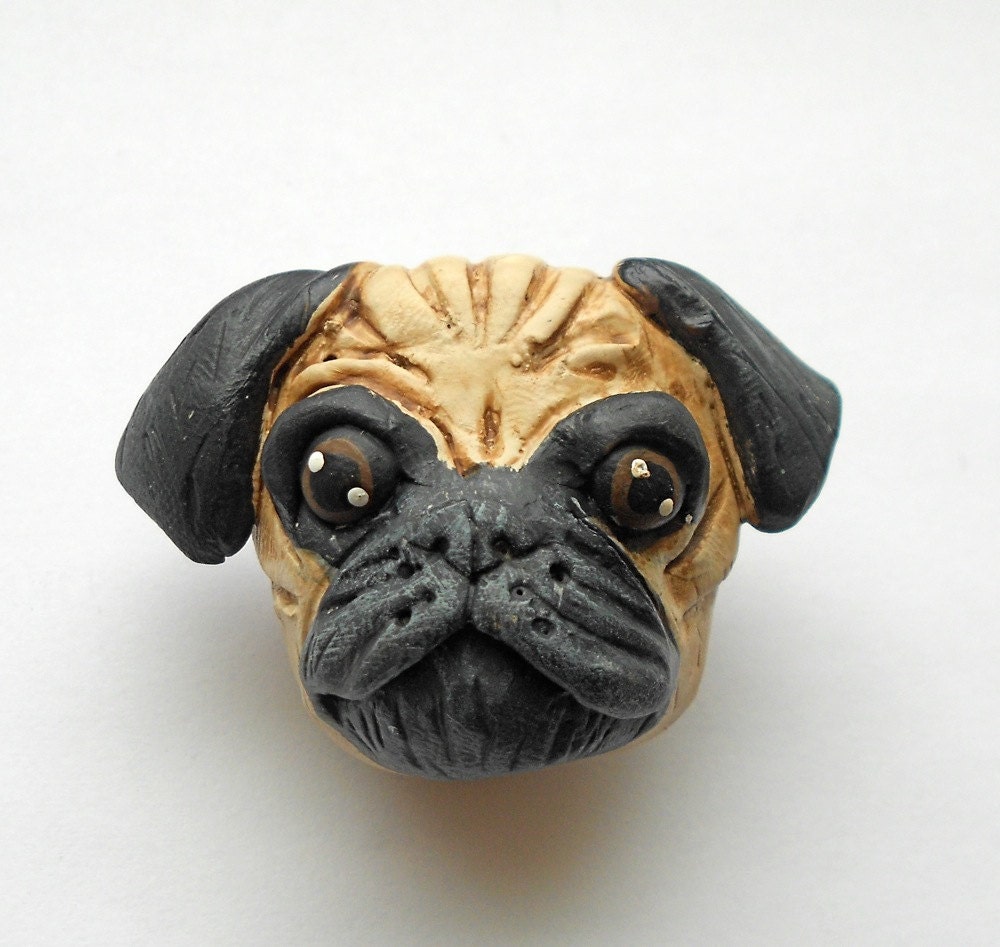 Pug Dog Brooch Unique Folk Art Jewelry made from Polymer Clay