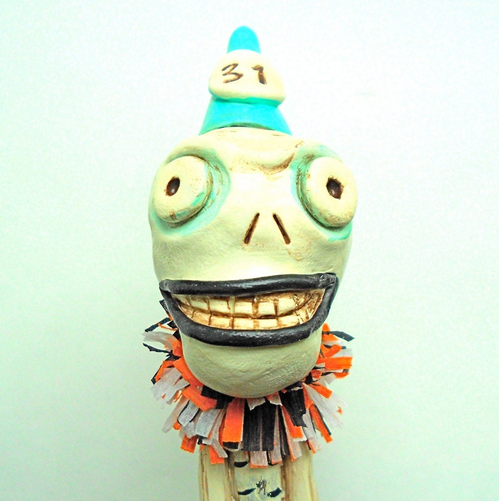 Halloween Skeleton in White Black Orange and Turquoise on Vintage Spindle