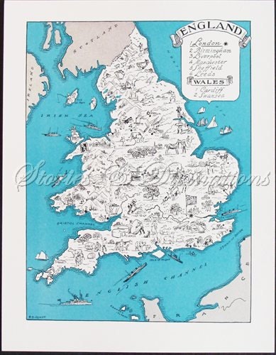 Map of England - Vintage Map of England and Wales - A Fun and Funky 1930s Vintage Picture Map to Frame