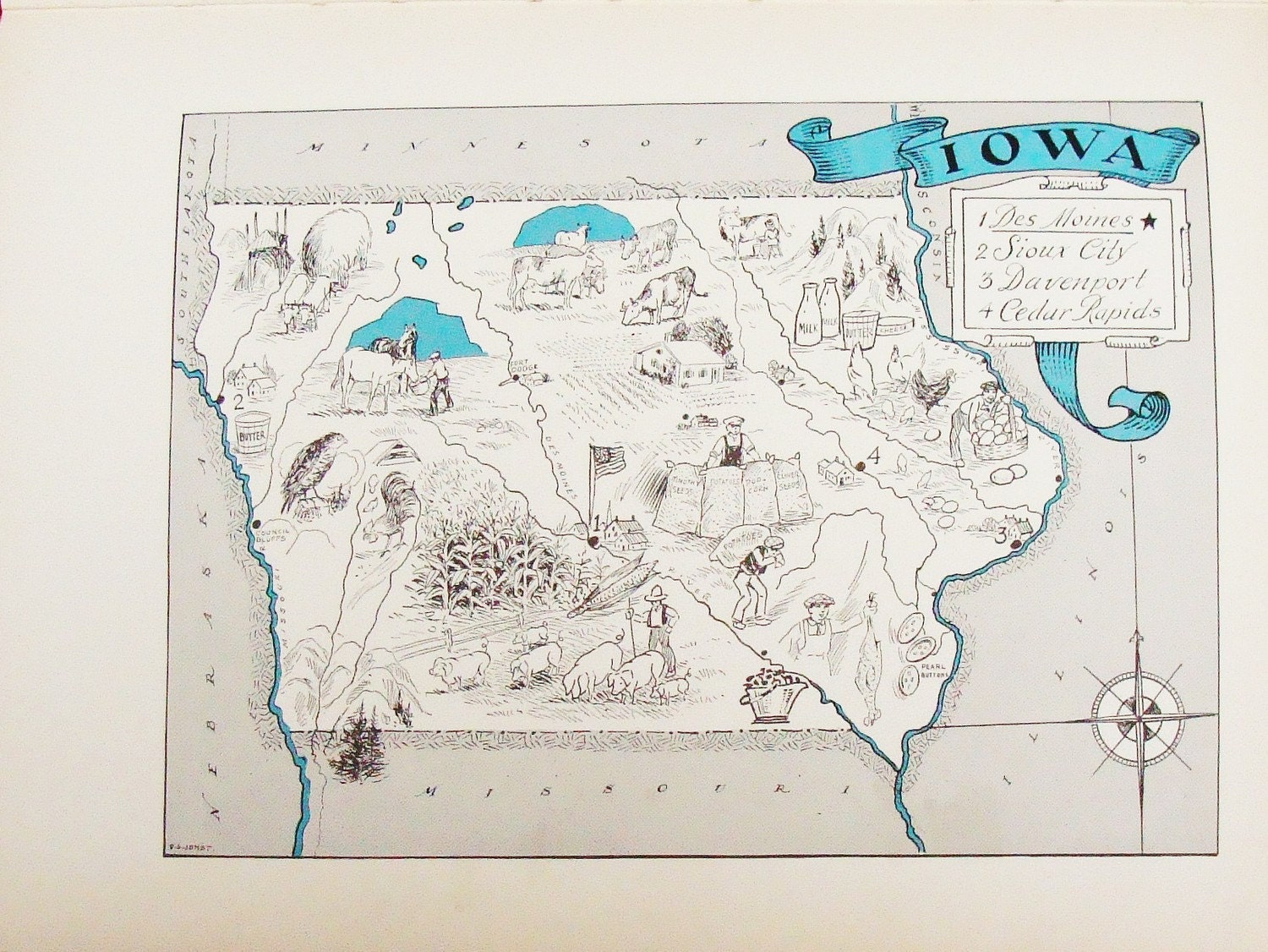 Vintage Iowa Map - A Fun and Funky Little 1930s Vintage Picture Map to Frame - Original