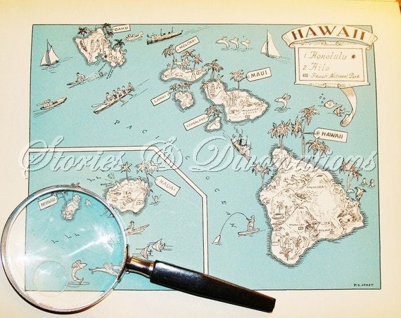 Hawaii Vintage Map - Spring Break - Cottage Chic - A Fun and Funky Little Vintage Map to Frame