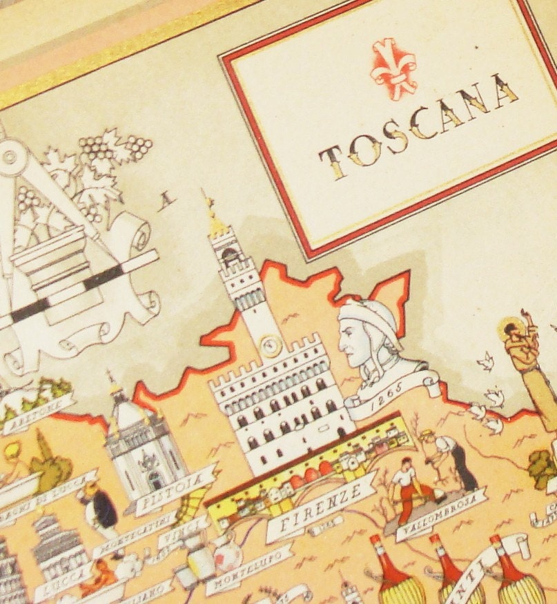 Tuscany Italy - Antique Map of Tuscany - Toscana - Original Gilded Chromolithograph Art Deco Picture Maps of Italy by Illustrator Nicouline