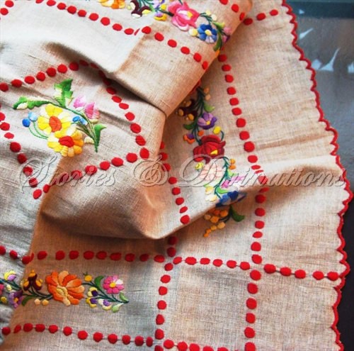 Cottage Chic - Red Polka Dots - Small Embroidered Linen Tablecloth - Boho - Poland - Polish - Heavy Linen