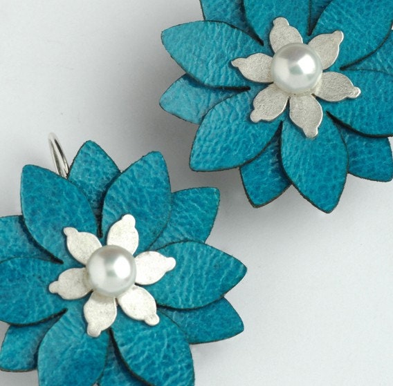 Turquoise Leather and Pearl Flower Earrings