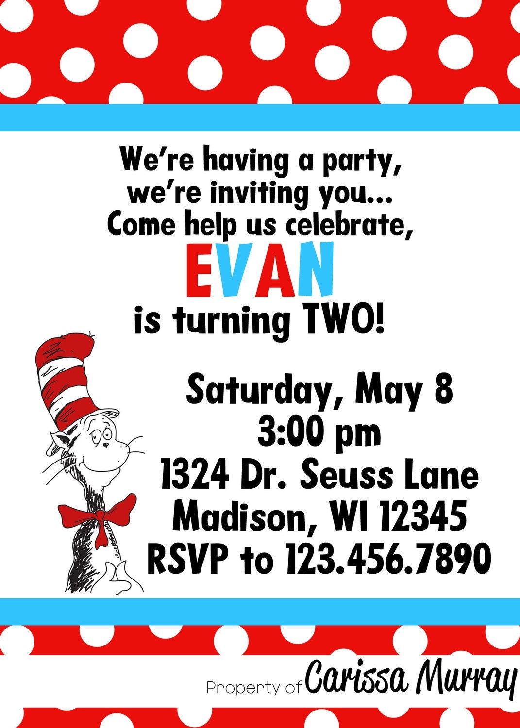 Custom Printable Dr Seuss Thing 1 & Thing 2 Birthday Party Invitation
