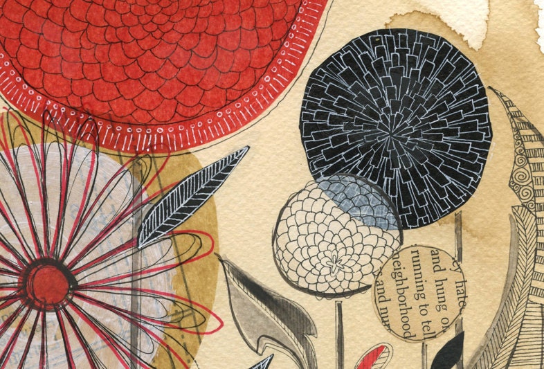 zinnias & dandelions No.1 - 11X14 GICLEE PRINT, botanical collage, Susan Black