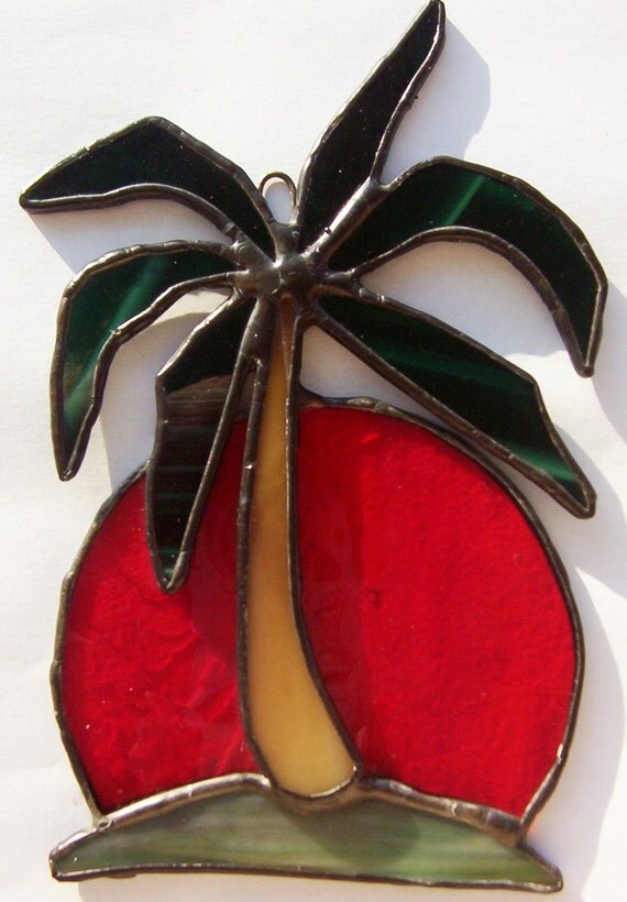 Stained glass suncatcher tropical island palm tree by Faithlady