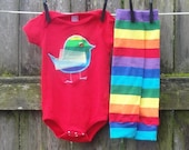 RAINBOW CHIC-A-DEE--2pc Bird Applique Shirt or Onesie/Kool Kid Legs set for Children, Babies, Toddlers, Kids, Girls