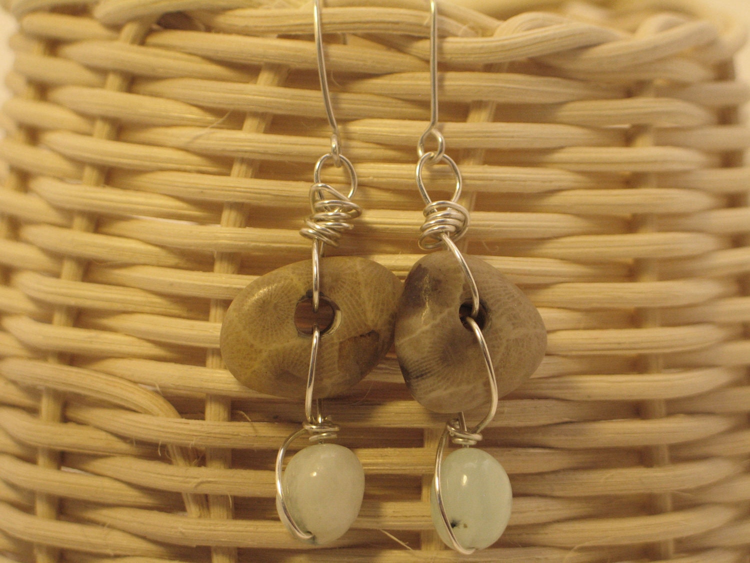 Petoskey Stone and Peruvian Blue Opal Sterling Silver Earrings