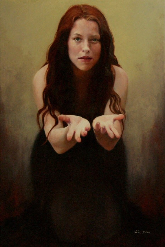 Print of oil figurative portrait female kneeling painting - Charity - by Kim Dow