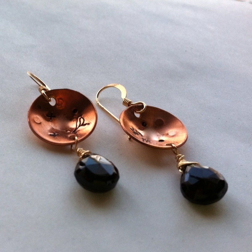 recycled copper hand stamped black faceted spinel earrings golden ADORN OOAK