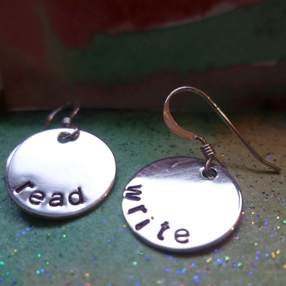 sterling silver read write literacy teacher librarian earrings BIBLIOPHILE
