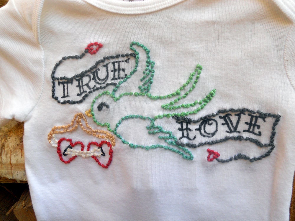 Hand Embroidered Baby Tattoo Onesie Bodysuit Keepsake - Rockabilly Flying Swallow Sparrow - True Love Bird