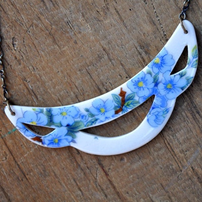 Porcelain Bib Necklace with Blue Orchids