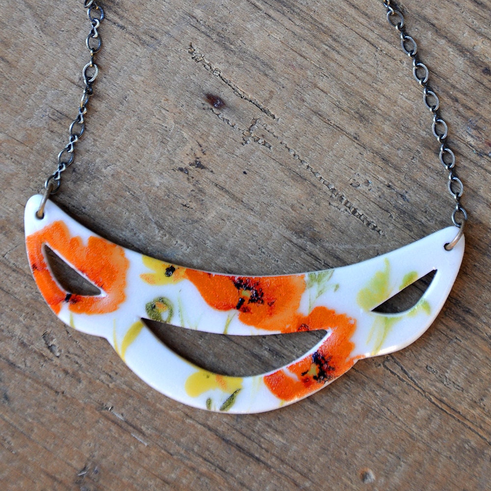 Porcelain Bib Necklace with Red & Yellow Poppies