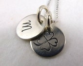 Tiny Hand Stamped Shamrock Charm Custom Initial Irish Necklace - Personalized Jewelry - Four Leaf Clover