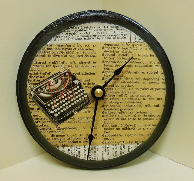 Writer's Block Vintage Dictionary & Typewriter Collage Hand-Decoupaged Wood Clock
