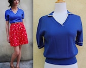 Vintage 70s 80s Cobalt Blue and White Peter Pan Collar Short Sleeved Sweater