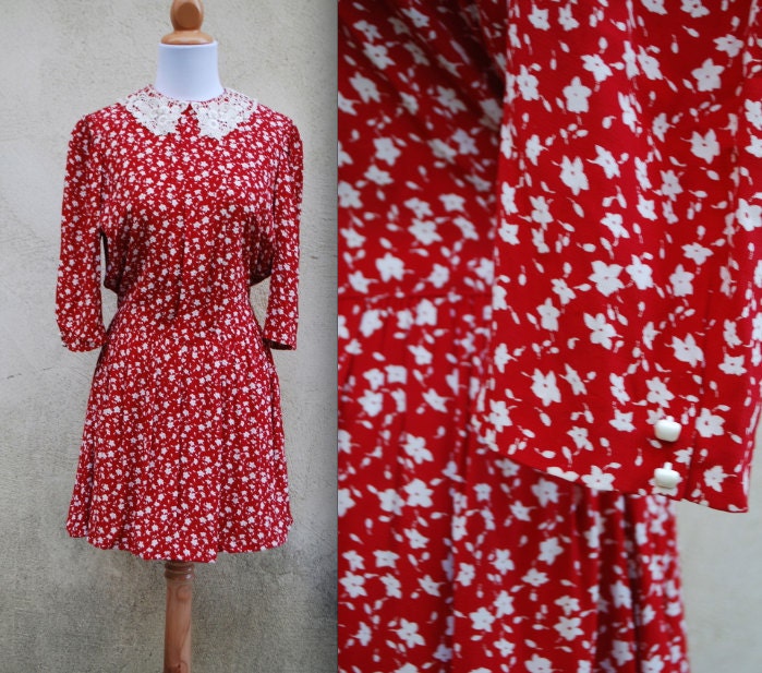 Vintage 80s 90s Teacher's Pet Red and White Floral Crochet Collar Secretary Mini Dress size medium, large