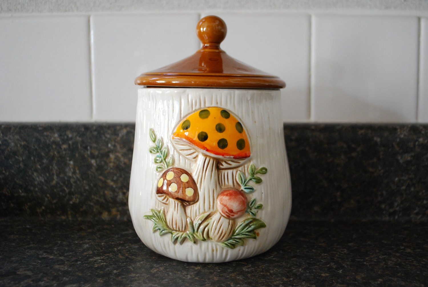 Vintage 70s Kitsch Mushroom Kitchen Sugar Canister
