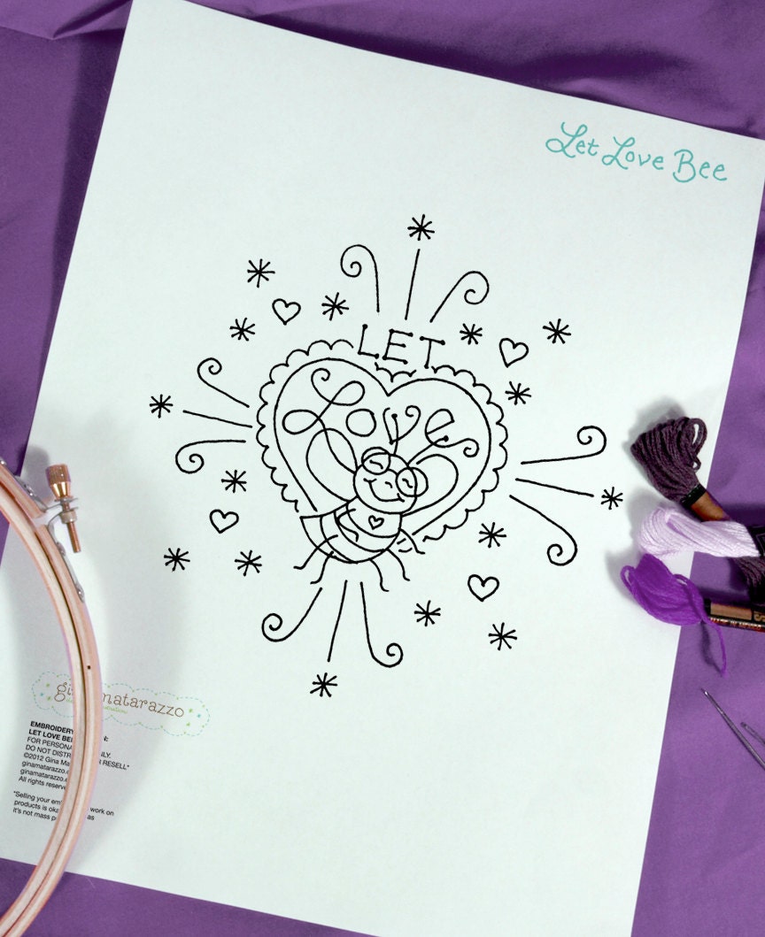 Embroidery Pattern Bee Love Hearts