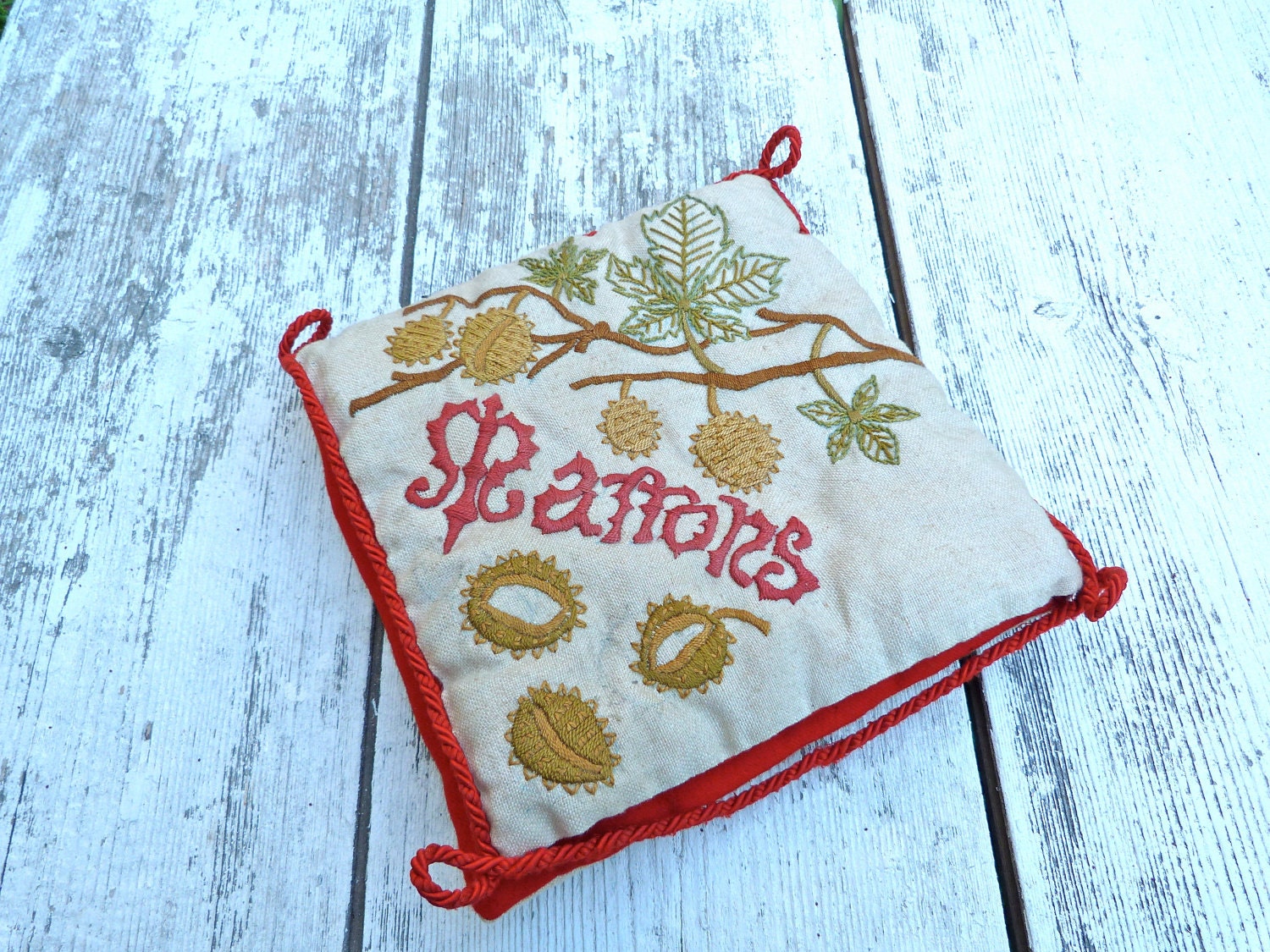 Vintage 1930 French embroidred tea pot cushion Chestnuts