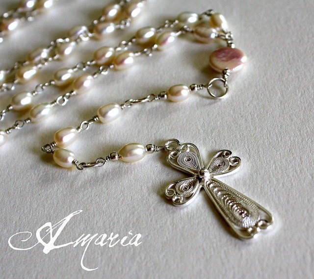 Luxurious soft white pearl rosary with filigree cross