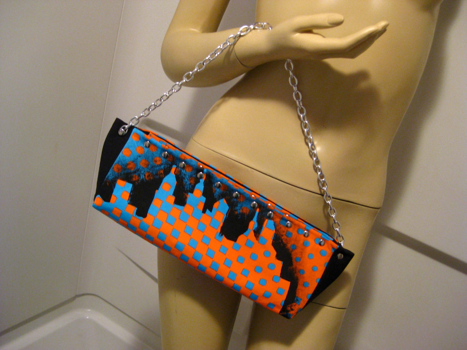 Black Hand Painted Philly Skyline on Upcycled Orange and Blue Polyester "DD" Clutch