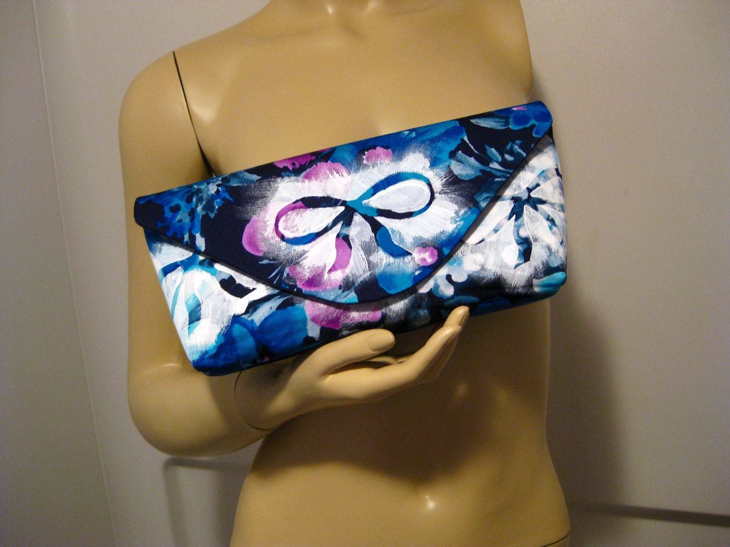 Hand Painted White Bows on Upcycled Floral Polyester "A" Clutch