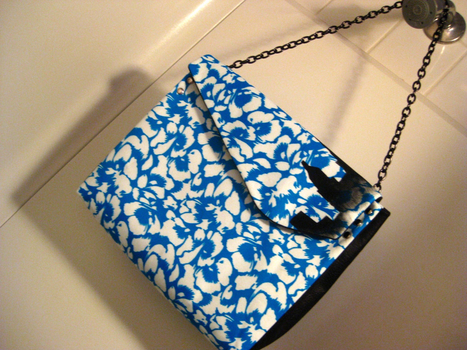 Upcycled Floral Shoulder Bag with Hand Painted Black Philly Skyline
