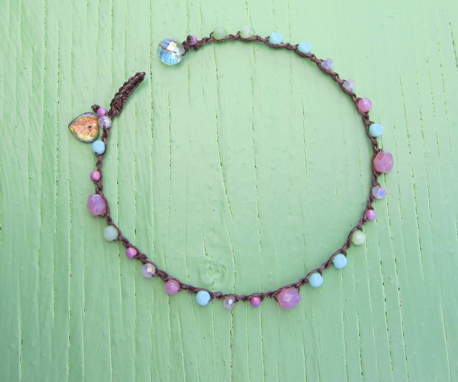 Spring fling crocheted anklet in peruvian opal and pink czech crystal/bohemian/earthy/surf/beach/hiker/sportswear