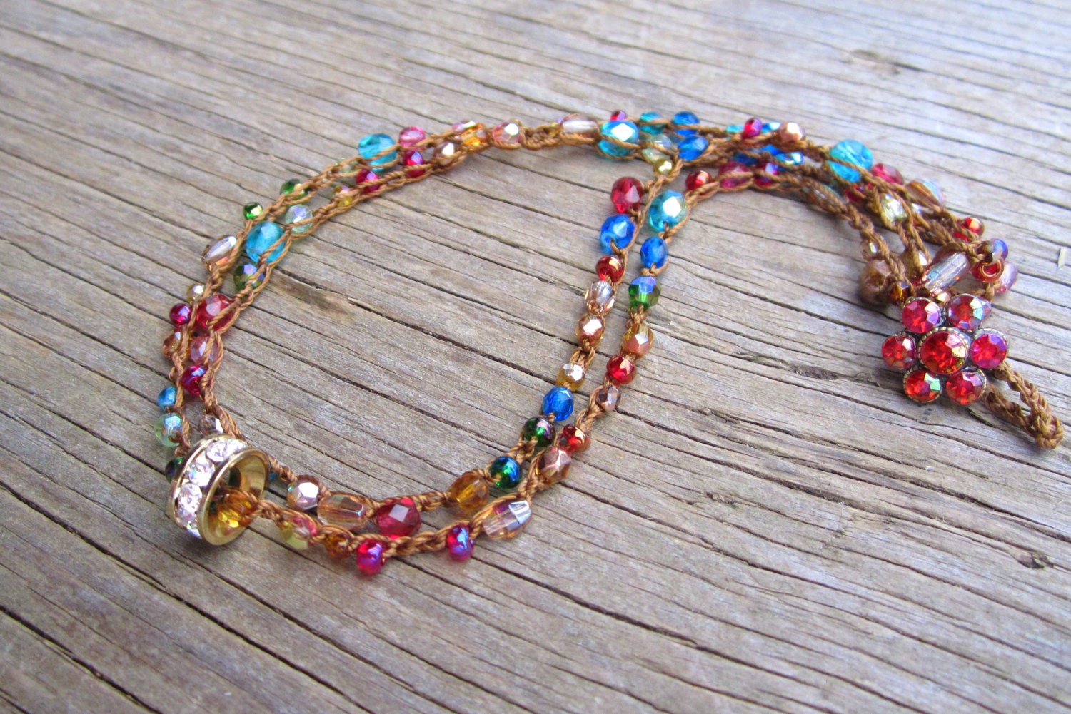 Crystal crocheted wrap bracelet or necklace with gold swarovski crystal large hole charm ,earthy, boho