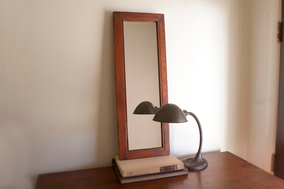 rustic wall mirror, wood framed mirror, simple, industrial, amber