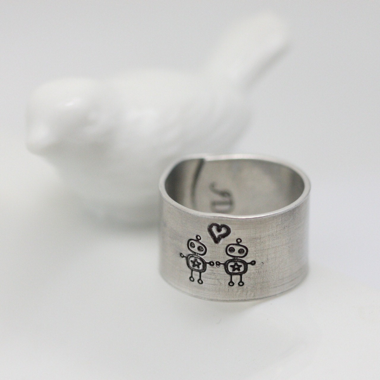 Robot Love - hand stamped aluminum adjustable ring