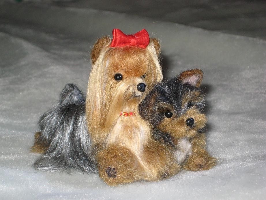 Needle Felted Yorkie Mom and Puppy Dog by Fiber Artist GERRY / the Ultimate Gift